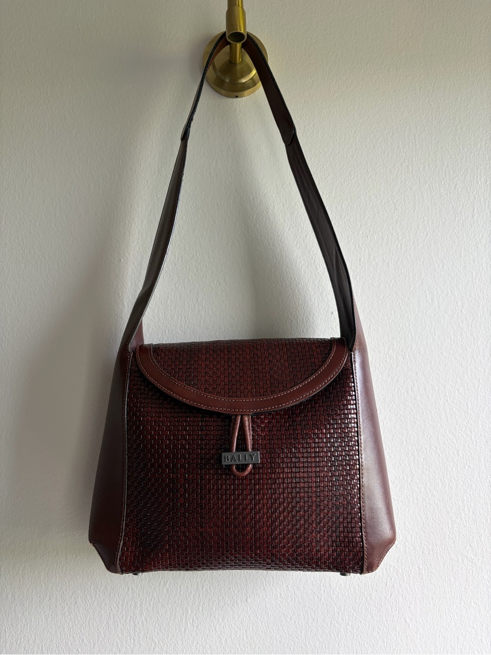 Bally Woven Leather Shoulder Bag in Burgundy Brown